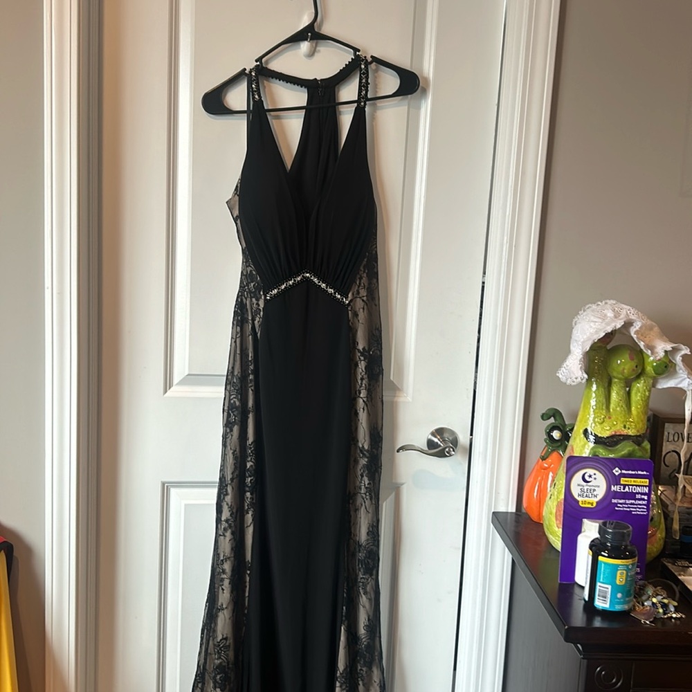 Black and tan lace formal dress